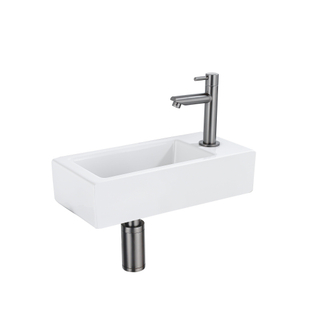 QeramiQ Fuente Fonteinset - 37.5x18.5x9cm - keramiek - kraangat rechts - fonteinkraan gunmetal - afvoerplug - verlaagd sifon - Mat wit