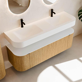 MONDIAZ THOR Meuble de salle de bains 150cm arrondi gauche + droite couleur Oak avec 1 tiroir et 2 portes. Vasque suspendue CLOUD Double 2 trous de robinet couleur Talc.