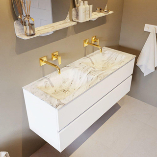 Mondiaz VICA-DLUX ensemble de meuble de salle de bain - 130cm - meuble sous-vasque talc - 2 tiroirs - lavabo encastré cloud double - sans trous de robinet - version haute de 60cm - glace