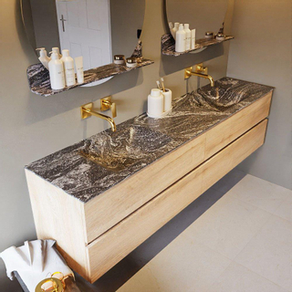 Mondiaz VICA-DLUX ensemble de meuble de salle de bain - 200cm - meuble sous-vasque chêne blanchi - 4 tiroirs - lavabo encastré cloud double - sans trous de robinet - miroir modèle spot - version XL 60cm de haut - lave