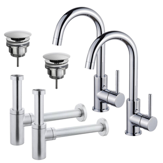 FugaFlow Eccelente Sobrado Kit robinet lavabo - pour double vasque - robinet haut - bec rotatif - bonde non-obturable - siphon design - Chrome brillant