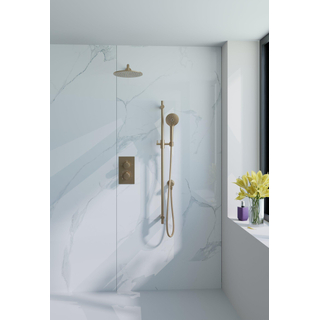 Fortifura Calvi Ensemble de douche pluie encastrable - thermostatique - bras mural - pommeau 25cm - barre curseur - douchette ronde - flexible en métal - Laiton brossé (doré)