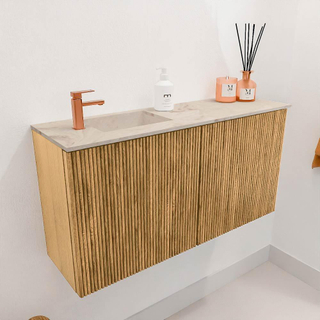 Mondiaz JOYA-DLUX 80cm toiletmeubel - kleur Oak - Wastafel FAYE positie Links 1 kraangat kleur Frappe.