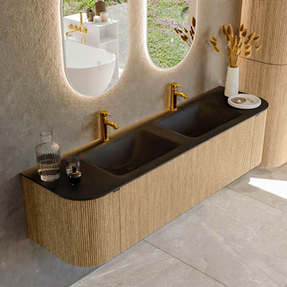 MONDIAZ KURVE 170cm Meuble salle de bain avec module 25 G et D - couleur Oak - 1 tiroir - 2 portes - vasque CLOUD double - 2 trous de robinet - Urban