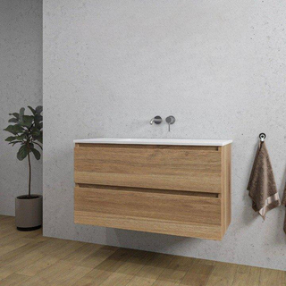 Adema Chaci Ensemble de meuble 101x46x57cm avec 2 tiroirs sans poignée vasque en céramique blanche sans trou de robinet cannelle