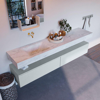Mondiaz ALAN-DLUX Ensemble de meuble - 200cm - meuble Clay mat - 2 tiroirs - Lavabo Cloud Opalo suspendu - vasque Gauche - 0 trous de robinet