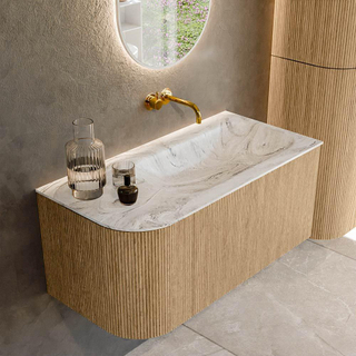 MONDIAZ KURVE-DLUX 95cm Meuble salle de bain avec module 25 G - couleur Oak - 1 tiroir - 1 porte - vasque BIG SMALL droite - sans trou de robinet - couleur Glace