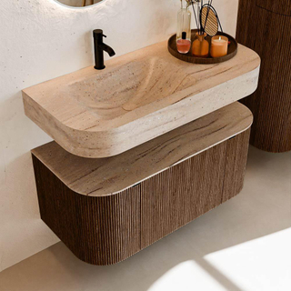 MONDIAZ THOR-DLUX 100cm badmeubel ronding links + rechts kleur Walnut met 1 lade en 2 deuren. Vrijhangende wastafel CLOUD Links 1 kraangat kleur Saba.