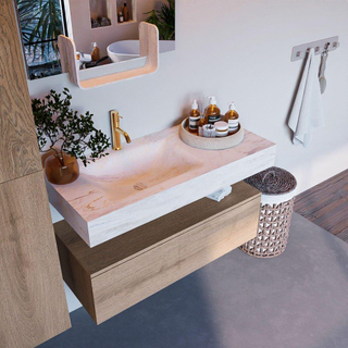 Mondiaz ALAN-DLUX Ensemble de meuble - 100cm - meuble Washed Oak mat - 1 tiroir - Lavabo Cloud Ostra suspendu - vasque Gauche - 1 trou de robinet