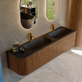 MONDIAZ KURVE 175cm Meuble salle de bain avec module 25 G - couleur Walnut - 2 tiroirs - 1 porte - vasque BIG SMALL double / droite - 2 trous de robinet - Urban