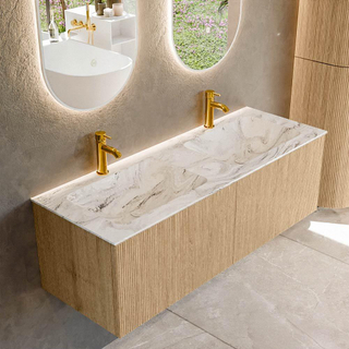 MONDIAZ KURVE-DLUX 130cm Meuble salle de bain - couleur Oak - 2 tiroirs - vasque LEAF double - 2 trous de robinet - couleur Glace