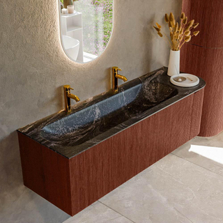 Mondiaz KURVE-DLUX Badkamermeubelset - 145x46x40cm - 1 lade - 1 deur - wastafel solid surface - links - 2 kraangaten - Ruby