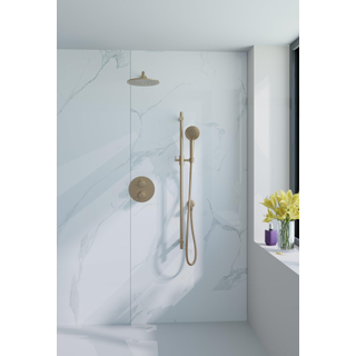 Fortifura Calvi Ensemble de douche à encastrer - rond - thermostatique - bras mural - glissière - douche principale de 25 cm - douchette ronde - flexible lisse - Laiton brossé PVD Or
