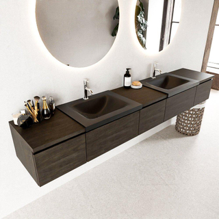 MONDIAZ BUKLA 240cm ensemble de meuble avec module 40 couleur Marron Foncé avec 5 tiroirs. Lavabo CLOUD double 2 trous de robinet couleur Urban.
