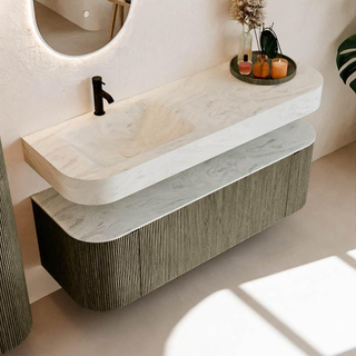 MONDIAZ THOR-DLUX 140cm meuble de salle de bains arrondi gauche + droite couleur Shadow avec 1 tiroir et 2 portes. Vasque suspendue CLOUD Gauche 1 trou de robinet couleur Opalo.