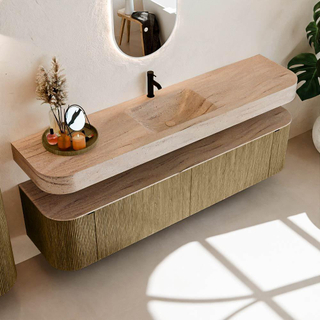 MONDIAZ THOR-DLUX Meuble de salle de bains 190cm arrondi gauche + droite couleur Dusk avec 2 tiroirs et 2 portes. Vasque suspendue CLOUD Milieu 1 trou de robinet couleur Saba.