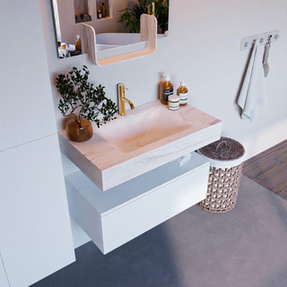 Mondiaz ALAN-DLUX Ensemble de meuble - 80cm - meuble Talc mat - 1 tiroir - Lavabo Cloud Ostra suspendu - vasque Centre - 1 trou de robinet