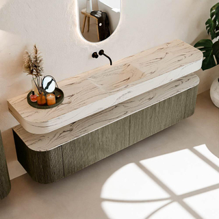 MONDIAZ THOR-DLUX 200cm meuble de salle de bains arrondi gauche + droite couleur Shadow avec 2 tiroirs et 2 portes. Vasque suspendue CLOUD Milieu sans trou de robinet couleur Nata.