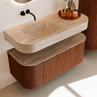 MONDIAZ THOR-DLUX Meuble de salle de bains - 110cm - arrondi gauche + droite - couleur Ruby - 1 tiroir - 2 portes - Vasque suspendue CLOUD Gauche sans trou de robinet - couleur Saba