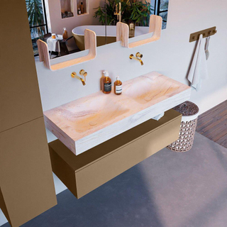 Mondiaz ALAN-DLUX Ensemble de meuble - 120cm - meuble Oro mat - 1 tiroir - Lavabo Cloud Ostra suspendu - vasque gauche et droite - 0 trous de robinet