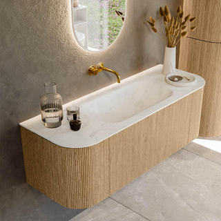 MONDIAZ KURVE-DLUX 130cm Meuble salle de bain avec module 25 G et D - couleur Oak - 1 tiroir - 2 portes - vasque BIG SMALL centre - sans trou de robinet - couleur Opalo