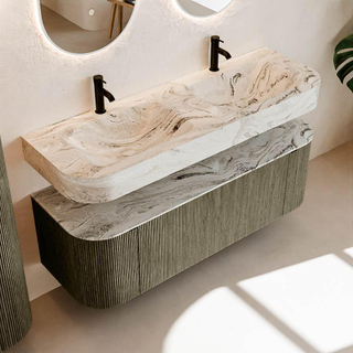 MONDIAZ THOR-DLUX 140cm meuble de salle de bains arrondi gauche + droite couleur Shadow avec 1 tiroir et 2 portes. Vasque suspendue CLOUD Double 2 trous de robinet couleur Glace.