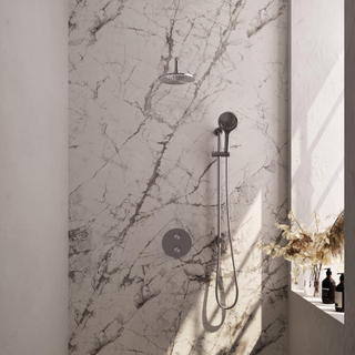 BRAUER Édition Brossée douche pluie thermostatique encastrée - 3 voies - rond - ensemble 93 - douche principale de 20 cm - bras mural courbé - douchette à main 3 positions - flexible de douche - barre de douche intégrée - inox brossé PVD