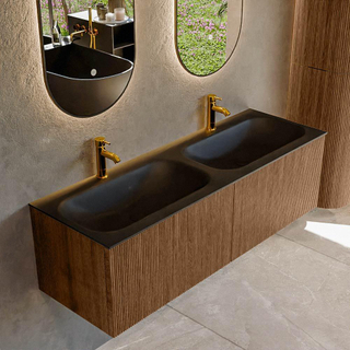 MONDIAZ KURVE 140cm Meuble salle de bain - couleur Walnut - 2 tiroirs - vasque BIG SMALL double - 2 trous de robinet - Urban