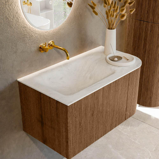 MONDIAZ KURVE-DLUX 85cm Meuble salle de bain avec module 25 D - couleur Walnut - 1 tiroir - 1 porte - vasque CLOUD gauche - sans trou de robinet - couleur Opalo