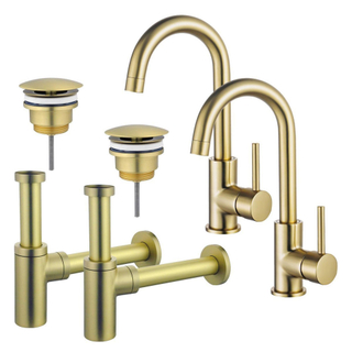 Fortifura Calvi Kit robinet lavabo - pour double vasque - robinet haut - bec rotatif - bonde non-obturable - siphon design - Laiton brossé PVD