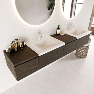 MONDIAZ BUKLA 200cm badmeubel met module 40 rechts kleur Dark Brown met 4 lades. Wastafel CLOUD dubbel 2 kraangaten kleur Talc.