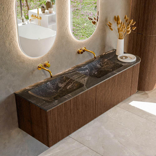 MONDIAZ KURVE-DLUX 155cm badmeubel met module 25 R kleur Walnut met 2 lades en 1 deur. Wastafel LEAF dubbel / links zonder kraangat kleur Lava.