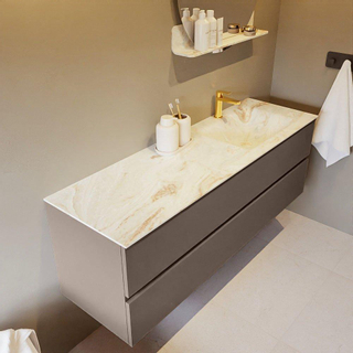 Mondiaz VICA-DLUX ensemble de meuble de salle de bain - 150cm - meuble sous-vasque fumée - 2 tiroirs - lavabo encastré nuage droite - 1 trou de robinet - version haute 60cm - frape