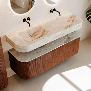 MONDIAZ THOR-DLUX 140cm meuble de salle de bains arrondi gauche + droite couleur Ruby avec 1 tiroir et 2 portes. Vasque suspendue CLOUD Double sans trou de robinet couleur Frappe.