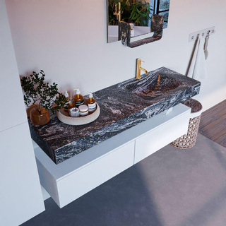 Mondiaz ALAN-DLUX Ensemble de meuble - 150cm - meuble - Talc mat - 2 tiroirs - Lavabo Cloud Lava suspendu - vasque droite - 1 trou de robinet - Noir