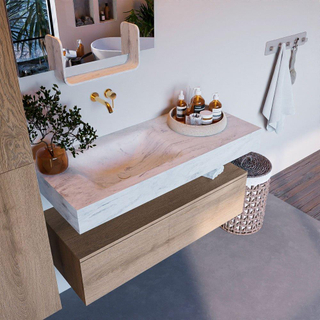 Mondiaz ALAN-DLUX Ensemble de meuble - 110cm - meuble Washed Oak mat - 1 tiroir - Lavabo Cloud Opalo suspendu - vasque Gauche - 0 trous de robinet