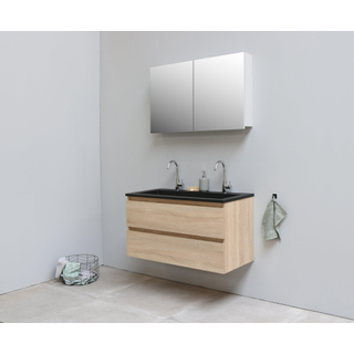 Basic Bella Meuble salle de bains avec lavabo acrylique Noir avec armoire toilette 2 portes gris 100x55x46cm 2 trous de robinet Chêne