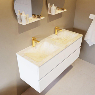 Mondiaz VICA-DLUX ensemble de meuble de salle de bain - 120cm - meuble sous-vasque talc - 4 tiroirs - lavabo encastré cloud double - 2 trous de robinet - version haute de 60cm - ostra