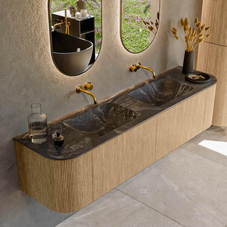 MONDIAZ KURVE-DLUX 180cm Meuble salle de bain avec module 25 G et D - couleur Oak - 2 tiroirs - 2 portes - vasque LEAF double - sans trou de robinet - couleur Lava