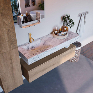 Mondiaz ALAN-DLUX Ensemble de meuble - 130cm - meuble Washed Oak mat - 1 tiroir - Lavabo Cloud Glace suspendu - vasque Gauche - 1 trou de robinet