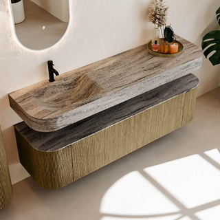 MONDIAZ THOR-DLUX Meuble de salle de bains 170cm arrondi gauche + droite couleur Dusk avec 1 tiroir et 2 portes. Vasque suspendue CLOUD Gauche 1 trou de robinet couleur Oza.