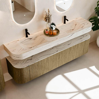 MONDIAZ THOR-DLUX 190cm badmeubel ronding links + rechts kleur Dusk met 2 lades en 2 deuren. Vrijhangende wastafel CLOUD Dubbel 2 kraangaten kleur Nata.