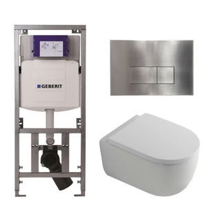 QeramiQ Dely Swirl Toiletset - 36.3x51.7cm - Geberit UP320 inbouwreservoir - met Burda frame - 35mm zitting - steel bedieningsplaat - rechthoekige knoppen - wit glans
