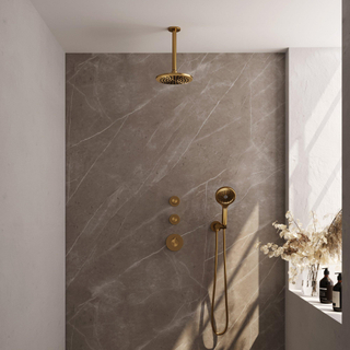 Ensemble de douche pluie Brauer Gold Carving encastré - douche principale 20cm - bras plafond 20cm - 3 boutons avec relief - douchette ronde 3 positions - PVD - or brossé