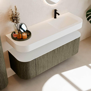 MONDIAZ THOR 140cm meuble de salle de bains arrondi gauche + droite couleur Shadow avec 1 tiroir et 2 portes. Vasque suspendue CLOUD Droite 1 trou de robinet couleur Talc.