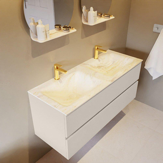 Mondiaz VICA-DLUX Ensemble de meuble de salle de bain - 120cm - meuble sous-vasque lin - 2 tiroirs - lavabo encastrée cloud double - 2 trous de robinet - version haute de 60cm - ostra