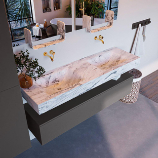 Mondiaz ALAN-DLUX Ensemble de meuble - 150cm - meuble Dark grey mat - 1 tiroir - Lavabo Cloud Glace suspendu - vasque Gauche et droite - 0 trous de robinet