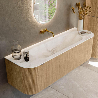 MONDIAZ KURVE-DLUX 150cm badmeubel met module 25 Len R kleur Oak met 1 lade en 2 deuren. Wastafel BIG MEDIUM midden zonder kraangat kleur Frappe.