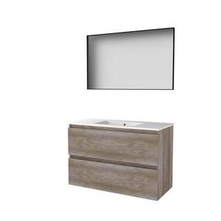 Basic-Line ensemble de meubles de salle de bain 46 cm 100x46cm sans poignée 2 tiroirs lavabo en porcelaine 1 trou de robinetterie miroir cadre aluminium noir mat tout autour mfc scotch oak