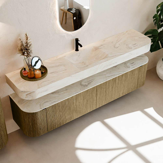 MONDIAZ THOR-DLUX 200cm meuble de salle de bains arrondi gauche + droite couleur Dusk avec 2 tiroirs et 2 portes. Vasque suspendue CLOUD Milieu 1 trou de robinet couleur Ostra.